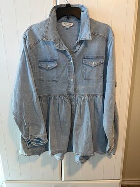 Hayden Light Blue Denim Shirt with Peplum Hem